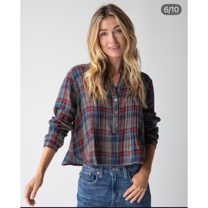 Natural Life Women S Plaid Pintuck Gauze Blouse Navy Red Cottagecore Peasant